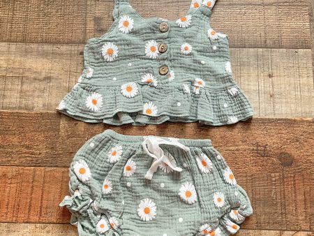 No Brand Green Floral Printed Muslin Two Piece Set- Size ~6-12M (see notes) Sale