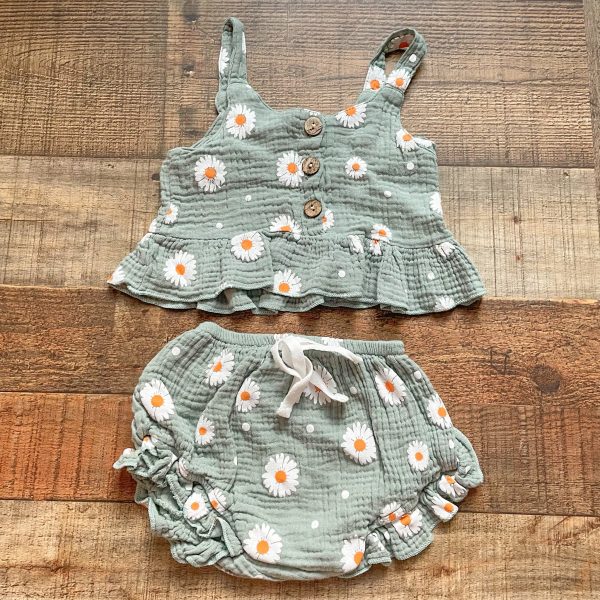 No Brand Green Floral Printed Muslin Two Piece Set- Size ~6-12M (see notes) Sale