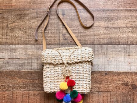 No Brand Straw with Colorful Pom Poms Cross Body Bag with Detachable Strap For Sale