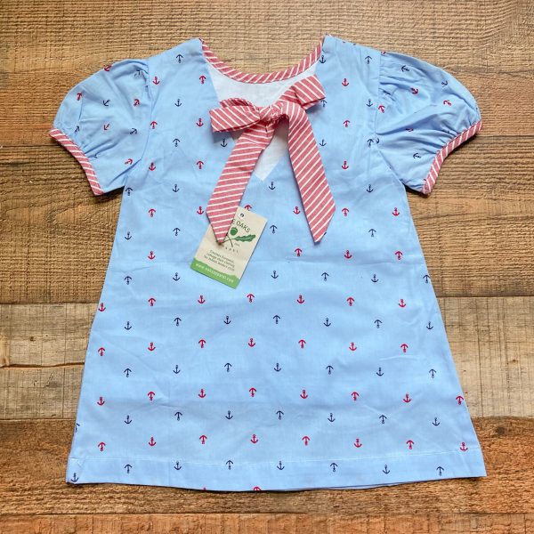 The Oaks Apparel Light Blue with Navy Red Anchor Pattern Dress with Matching Bloomers NWT- Size 3 (we have matching boys outfit) on Sale