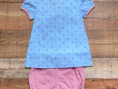 The Oaks Apparel Light Blue with Navy Red Anchor Pattern Dress with Matching Bloomers NWT- Size 3 (we have matching boys outfit) on Sale