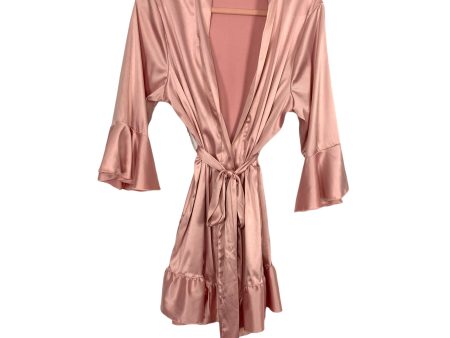 No Brand Blush Silky Robe with Ruffle Sleeves and Hemline- Size M Discount