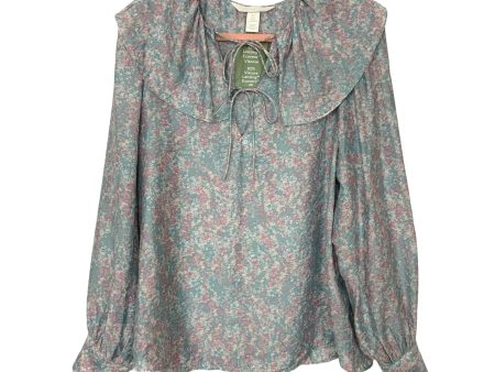 H&M Blue Pink Floral Ruffle Neck Cuffed Long Sleeve Top NWT- Size S Sale