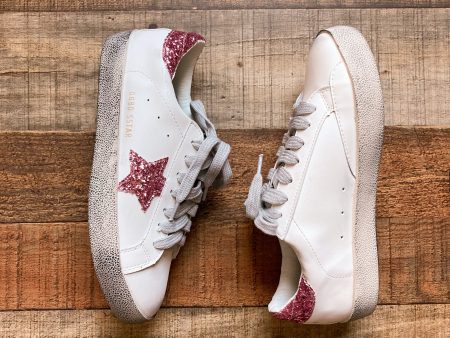 Goodnight Macaroon Dupe Golden Goose Deluxe Brand Superstar White with Pink Glitter Star and Heel Tab Sneakers- Size 37 US 7 (BRAND NEW) Online now