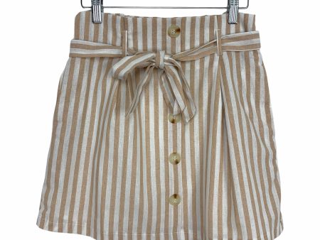 &Merci Tan and Cream Striped Faux Button Paperbag Waist Skirt- Size S on Sale