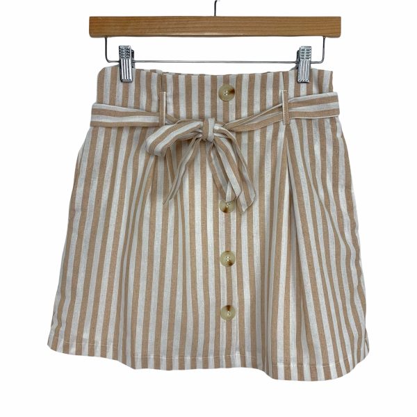 &Merci Tan and Cream Striped Faux Button Paperbag Waist Skirt- Size S on Sale